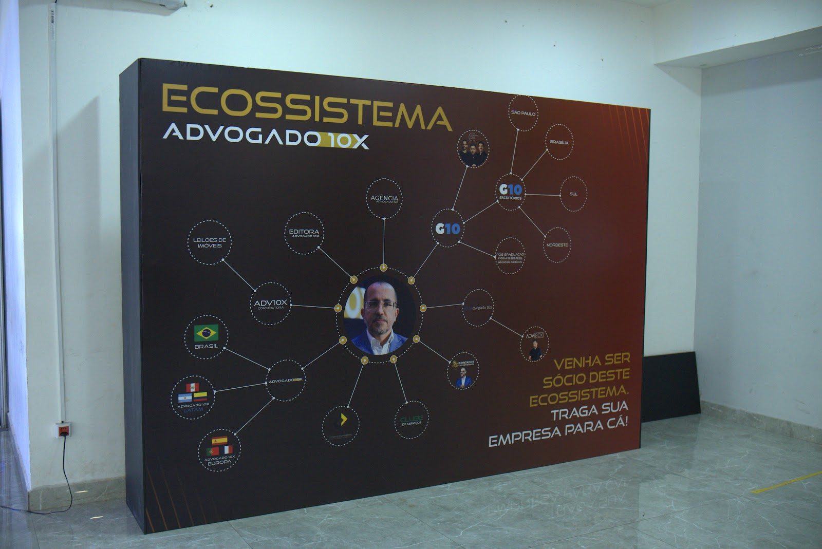 Painel cenográfico corporativo com infográfico e elementos visuais integrados